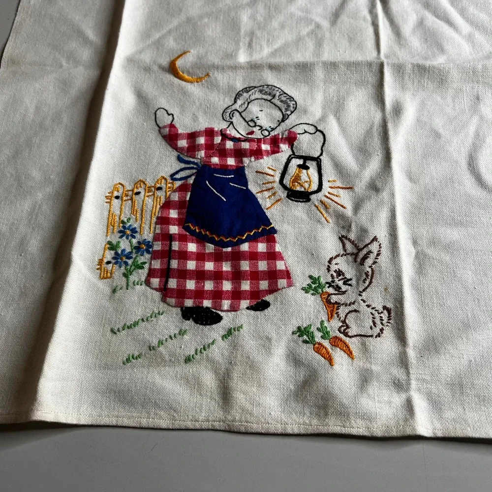 Vintage 1950s Hand Embroidered Tea Towels‎ Set 2 Farm Grandmother Grandfather